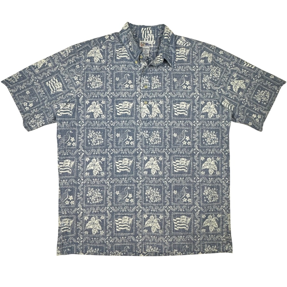 Reyn Spooner Hawaiian Shirt Mens L Blue Tapa Style‎ Print Aloha 4-Button Placket